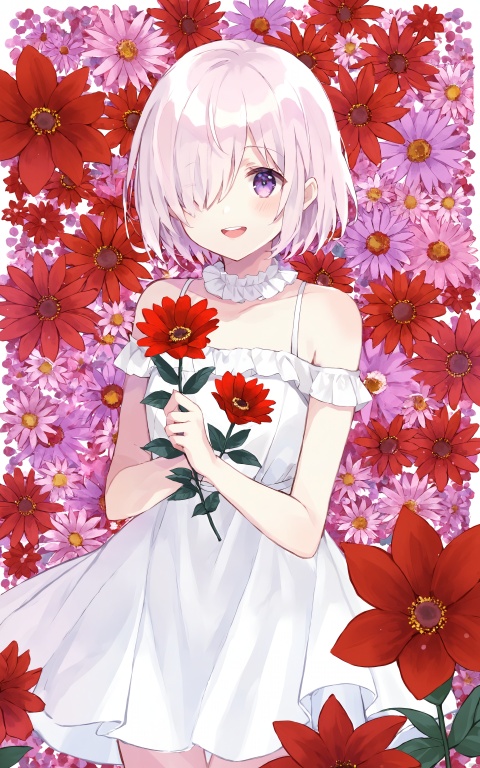  1girl, dress, hair over one eye, white dress, mash kyrielight, purple eyes, flower, open mouth, smile, looking at viewer, short hair, holding, red flower, teeth, bare shoulders, solo, bangs