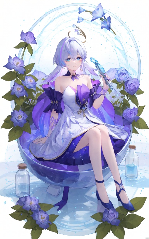 1girl, solo, bangs, blue eyes, white background, dress, hair between eyes, bare shoulders, sitting, closed mouth, purple hair, flower, ahoge, white hair, multicolored hair, water, white dress, streaked hair, see-through, bare legs, bottle, knees up, purple nails, blue flower, blue theme, in container, jar,