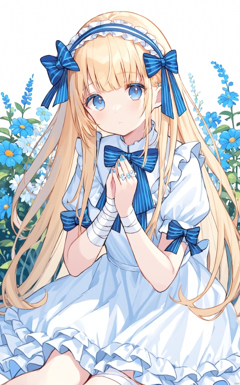 1girl, solo, dress, long hair, blue eyes, looking at viewer, flower, bow, sitting, bangs, ribbon, short sleeves, frills, very long hair, blonde hair, blue nails, own hands together, bandages, feet out of frame, frilled dress, striped bow, striped, nail polish, white dress, hairband, white flower, white bow, blue bow, bandaged arm