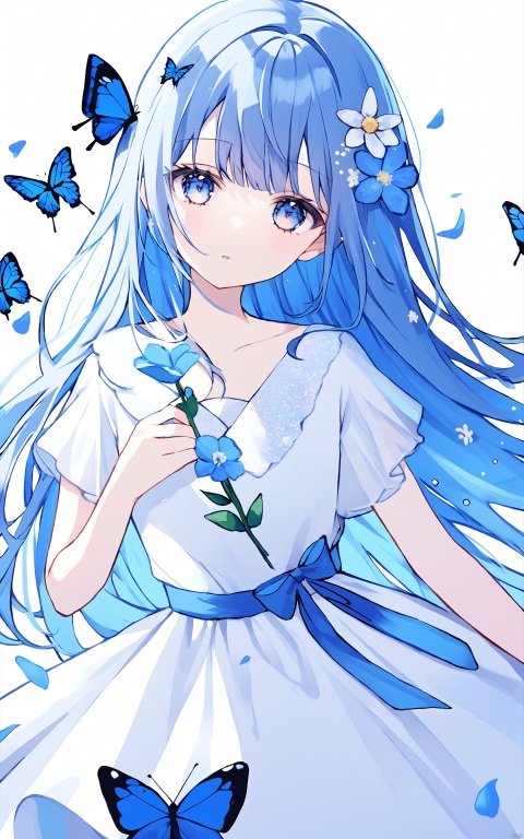 1girl, solo, long hair, flower, bug, butterfly, hair ornament, dress, hair flower, blue eyes, blue hair, petals, looking at viewer, blue butterfly, white dress, white background, short sleeves, blue flower, bangs, simple background