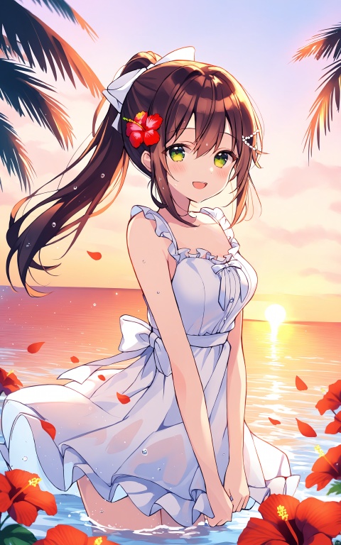 1girl, solo, outdoors, long hair, dress, green eyes, sleeveless, breasts, flower, bow, hair flower, sleeveless dress, ponytail, hair ornament, red flower, bangs, hair bow, blush, sunset, brown hair, petals, smile, water, medium breasts, white dress, hair between eyes, bare shoulders, sky, bare arms, :d, open mouth, looking at viewer, skirt hold, center frills, sidelocks, wet, hibiscus, palm tree, wading