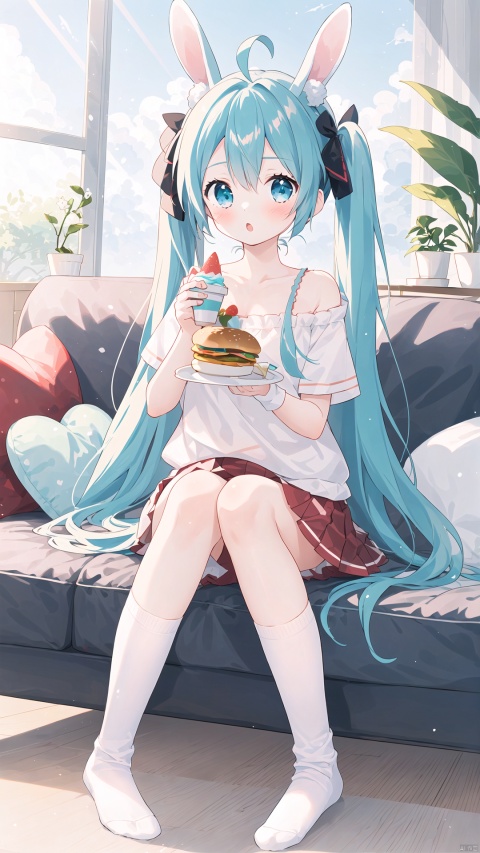 1girl, solo, long hair, looking at viewer, blush, bangs, blue eyes, skirt, shirt, hair ornament, ribbon, holding, animal ears, bare shoulders, twintails, sitting, very long hair, blue hair, full body, hair ribbon, white shirt, ahoge, short sleeves, pleated skirt, food, socks, indoors, off shoulder, rabbit ears, :o, aqua eyes, cup, pillow, aqua hair, fruit, red skirt, no shoes, stuffed toy, stuffed animal, holding food, white socks, couch, holding cup, plate, cake, off-shoulder shirt, stuffed bunny, burger, cake slice, hatsune miku