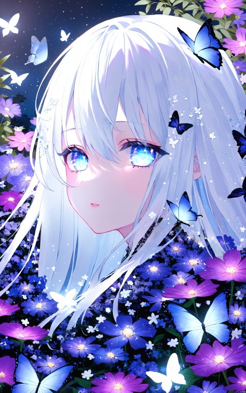 night,glowing eyes 1 girl, solo, long white hair, blue eyes, detailed eyes, blink and youll miss it detail, purple glittering butterflies, outdoors, flower garden, high quality, floral background, very detailed
