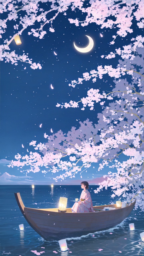 boat, 1girl, moon, lantern, watercraft, night, crescent moon, tree, sitting, water, solo, sky, cherry blossoms, reflection, scenery, outdoors, japanese clothes, night sky, paper lantern