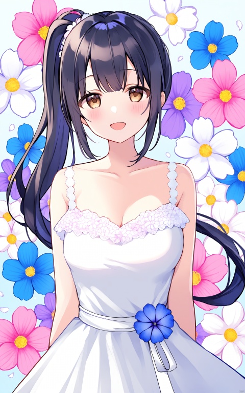 1girl, solo, breasts, flower, cleavage, open mouth, purple flower, collarbone, smile, long hair, looking at viewer, blush, upper body, bangs, brown eyes, dress, white dress, floral background, :d, medium breasts, side ponytail, sidelocks, pink flower, white flower, sleeveless, black hair, blue flower