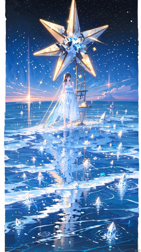  1girl, solo, long hair, black hair, dress, bare shoulders, standing, sky, barefoot, sleeveless, water, white dress, sleeveless dress, star \(sky\), starry sky, reflection, crystal