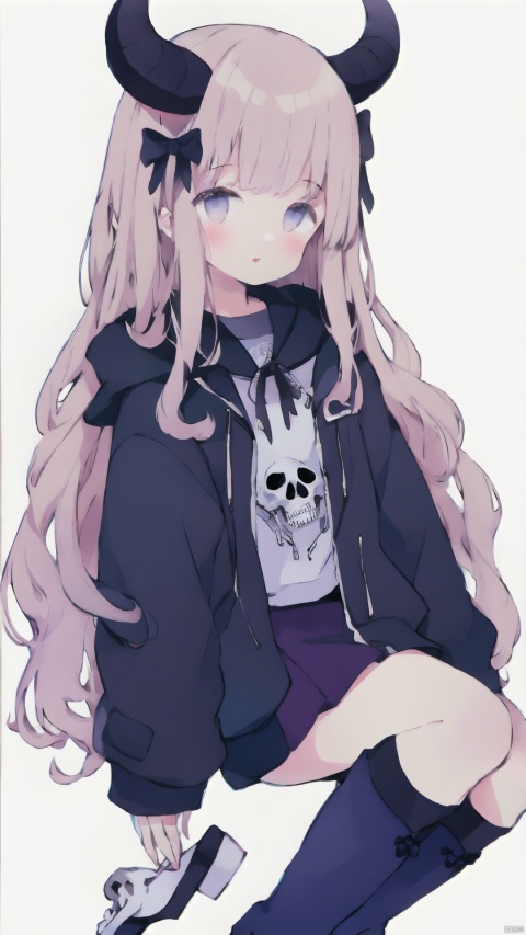 1girl, solo, white shirt, shirt, long hair, white background, skirt, blush, purple skirt, very long hair, long sleeves, horns, brown hair, jacket, boots, bangs, parted lips, socks, braid, open jacket, star \(symbol\), looking at viewer, purple bow, full body, skeleton, sleeves past wrists, simple background, bow, animal, open clothes, blue socks, bird, knee up, skull
