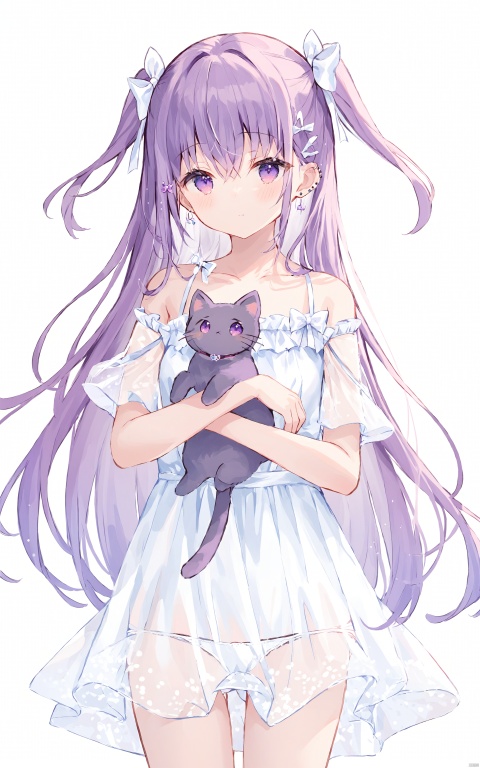  (masterpiece),(best quality)1girl, solo, dress, purple hair, panties, underwear, long hair, white background, looking at viewer, white dress, bare shoulders, bow, see-through, hair bow, piercing, holding animal, simple background, blush, white panties, cat, animal, bangs, ear piercing, white bow, collarbone, hair between eyes, very long hair, purple eyes, jewelry, closed mouth, holding, two side up