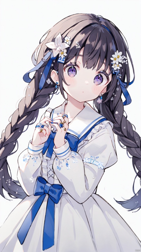 (masterpiece),(best quality) 1girl, solo, flower, hair flower, braid, hair ornament, twin braids, long hair, purple eyes, long sleeves, ribbon, upper body, bangs, looking at viewer, dress, hair ribbon, brown hair, ring, puffy sleeves, simple background, purple ribbon, blunt bangs, closed mouth, jewelry, own hands together, twintails, blush, white dress