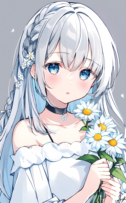  1girl, flower, solo, holding flower, holding, hair ornament, dress, long hair, looking at viewer, white flower, braid, upper body, white dress, grey background, choker, blush, parted lips, signature, bangs, white hair, blue eyes, collarbone