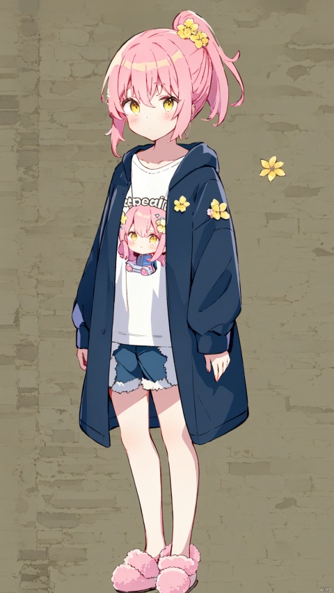  1petite loli, solo.pink hair, long pink hair, (yellow eyes), hair flower, fipped hair, high ponytail, loose over_sized Casual T-shirt, white shirt, hoodie coat, bare legs, slippers;relaxed, one-eye_closed, adjusting hair, looking at viewer, standing., (\meng ze\)