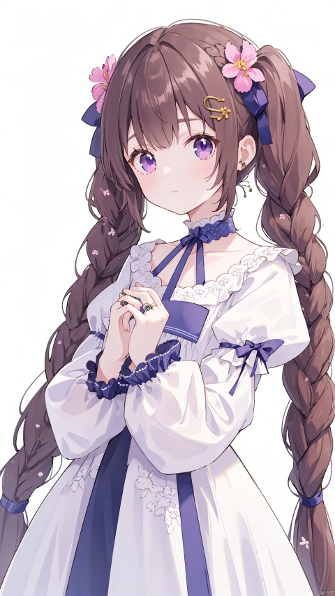  (masterpiece),(best quality) 1girl, solo, flower, hair flower, braid, hair ornament, twin braids, long hair, purple eyes, long sleeves, ribbon, upper body, bangs, looking at viewer, dress, hair ribbon, brown hair, ring, puffy sleeves, simple background, purple ribbon, blunt bangs, closed mouth, jewelry, own hands together, twintails, blush, white dress