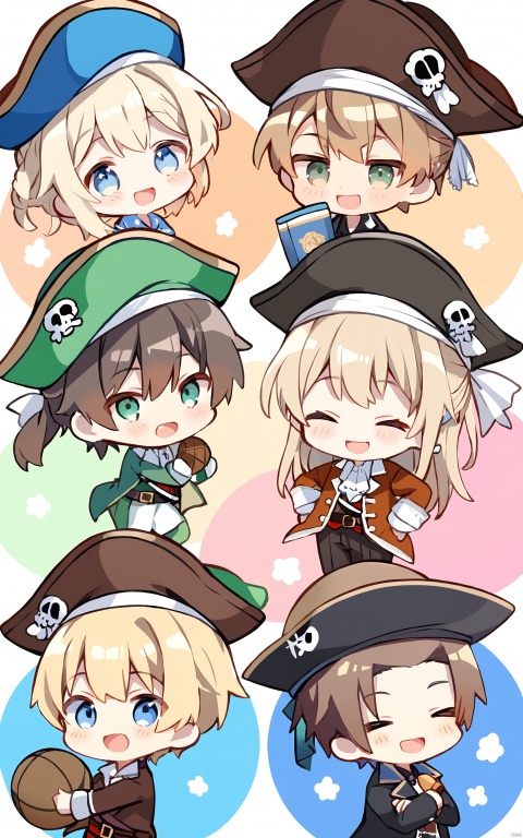  masterpiece, best quality,smile, open mouth, blue eyes, blonde hair, brown hair, hat, holding, green eyes, closed eyes, multiple boys, 2boys, chibi, > <, pirate hat