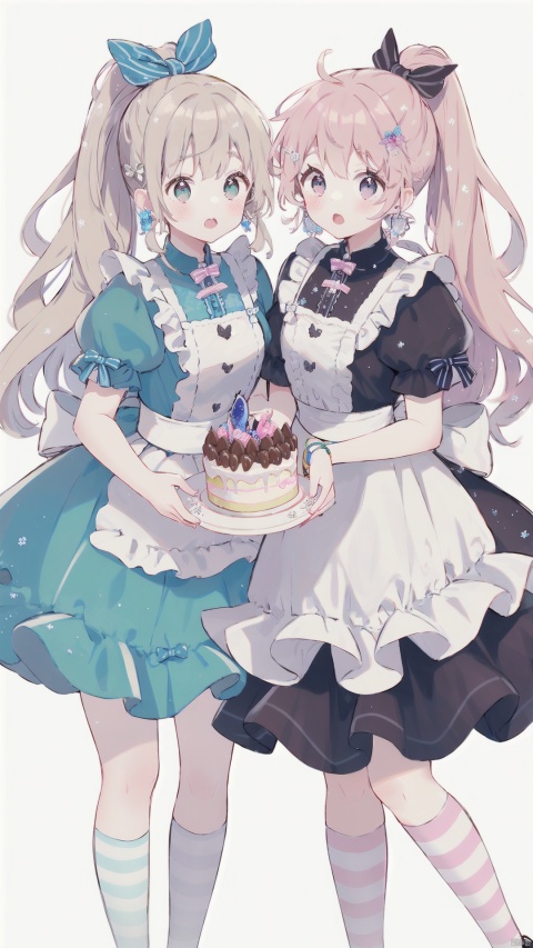  long hair, blush, open mouth, bangs, multiple girls, blonde hair, simple background, hair ornament, white background, dress, bow, ribbon, holding, 2girls, jewelry, green eyes, ponytail, short sleeves, hair bow, earrings, frills, food, striped, pink eyes, apron, high heels, watermark, frilled dress, bug, pink bow, butterfly, box, pink dress, gift, pink ribbon, cake, mirror, chocolate, copyright