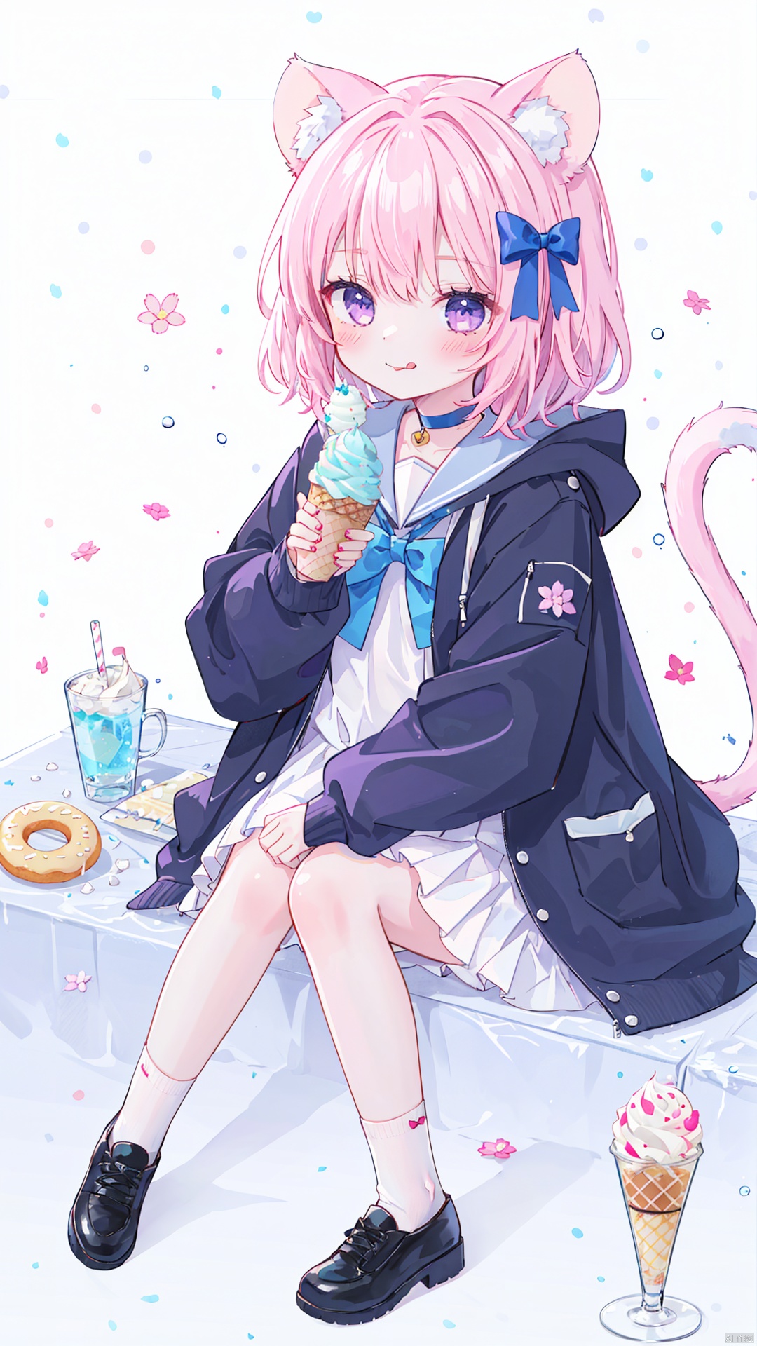  1girl, animal ears, doughnut, food, tongue out, socks, jacket, open jacket, open clothes, sleeves past wrists, solo, tongue, long hair, animal ear fluff, closed mouth, bow, long sleeves, white socks, very long hair, tail, shoes, black footwear, ice cream cone, dress, blush, ice cream, bangs, cat ears, blue sailor collar, flower, sailor collar, puffy long sleeves, puffy sleeves, pink flower, knees up, smile, hooded jacket, purple eyes, cup, cat tail, blue choker, hair bow, sailor dress, white background, mouse \(computer\), cat girl, blue bow, hand up