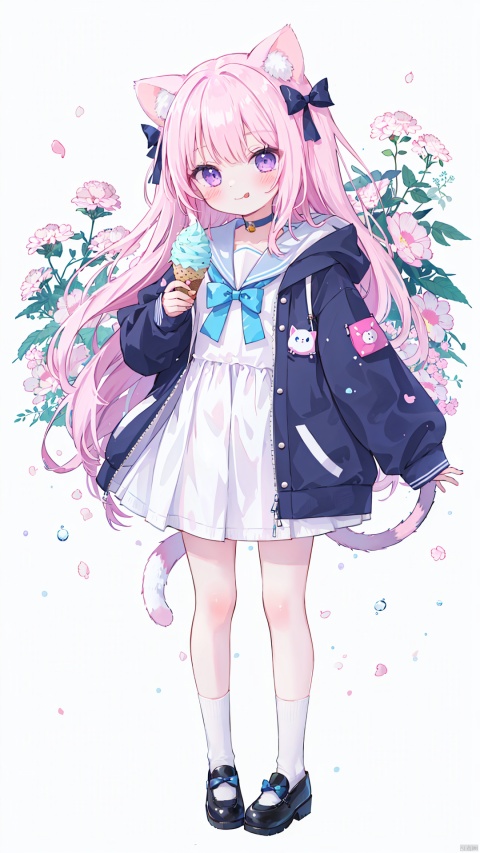  1girl, animal ears, doughnut, food, tongue out, socks, jacket, open jacket, open clothes, sleeves past wrists, solo, tongue, long hair, animal ear fluff, closed mouth, bow, long sleeves, white socks, very long hair, tail, shoes, black footwear, ice cream cone, dress, blush, ice cream, bangs, cat ears, blue sailor collar, flower, sailor collar, puffy long sleeves, puffy sleeves, pink flower, knees up, smile, hooded jacket, purple eyes, cup, cat tail, blue choker, hair bow, sailor dress, white background, mouse \(computer\), cat girl, blue bow, hand up
