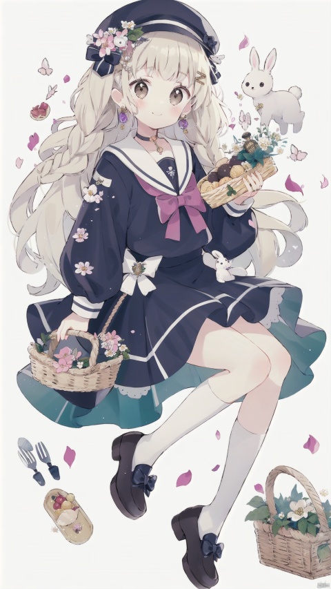 1girl, solo, long hair, looking at viewer, blush, smile, bangs, skirt, blonde hair, simple background, long sleeves, hat, white background, dress, bow, ribbon, holding, brown eyes, jewelry, closed mouth, full body, braid, flower, hair bow, earrings, shoes, socks, puffy sleeves, signature, blunt bangs, sailor collar, twin braids, book, petals, animal, white flower, green bow, puffy long sleeves, rabbit, green ribbon, hat flower, basket, flower earrings, picnic basket