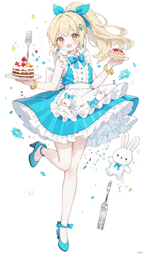  1girl, solo, long hair, blush, smile, open mouth, skirt, blonde hair, simple background, shirt, hair ornament, white background, bow, ribbon, holding, brown eyes, jewelry, standing, full body, hair ribbon, yellow eyes, white shirt, ponytail, flower, :d, hair bow, earrings, frills, food, shoes, sleeveless, bowtie, apron, high heels, bracelet, blue skirt, sleeveless shirt, fruit, blue bow, stuffed toy, leg up, white footwear, standing on one leg, stuffed animal, frilled skirt, cake, teddy bear, rabbit, spoon, fork, stuffed bunny, confetti, string of flags, pennant