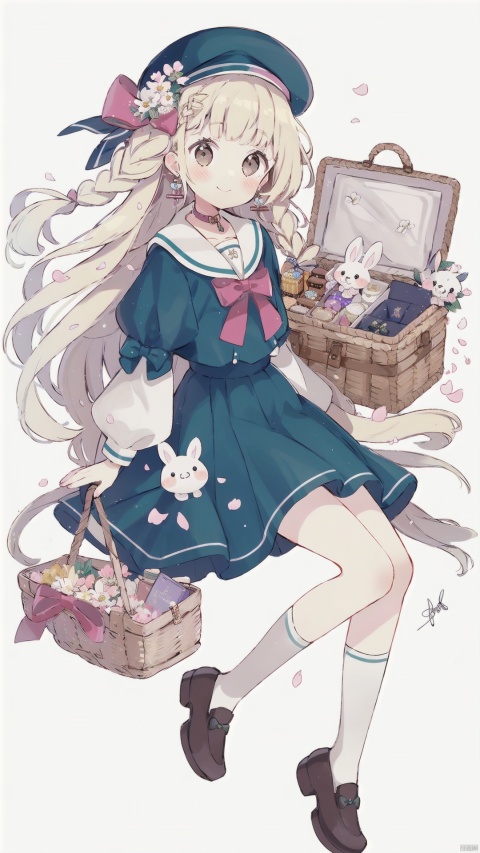 1girl, solo, long hair, looking at viewer, blush, smile, bangs, skirt, blonde hair, simple background, long sleeves, hat, white background, dress, bow, ribbon, holding, brown eyes, jewelry, closed mouth, full body, braid, flower, hair bow, earrings, shoes, socks, puffy sleeves, signature, blunt bangs, sailor collar, twin braids, book, petals, animal, white flower, green bow, puffy long sleeves, rabbit, green ribbon, hat flower, basket, flower earrings, picnic basket