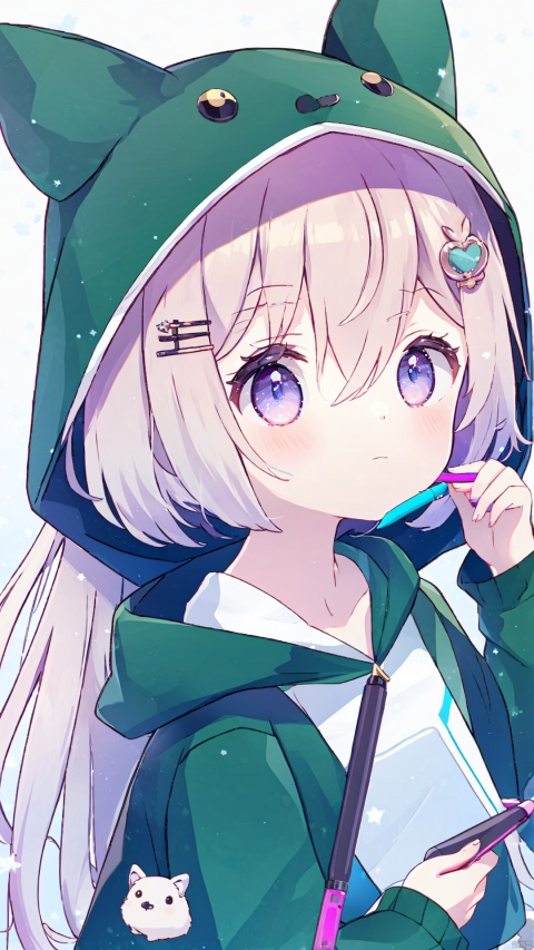 1girl, solo, long hair, looking at viewer, blush, bangs, brown hair, shirt, hair ornament, long sleeves, holding, animal ears, hair between eyes, bare shoulders, purple eyes, upper body, frills, detached sleeves, puffy sleeves, hand up, hood, fake animal ears, hair bobbles, puffy long sleeves, hood up, green jacket, animal hood, stylus, holding stylus