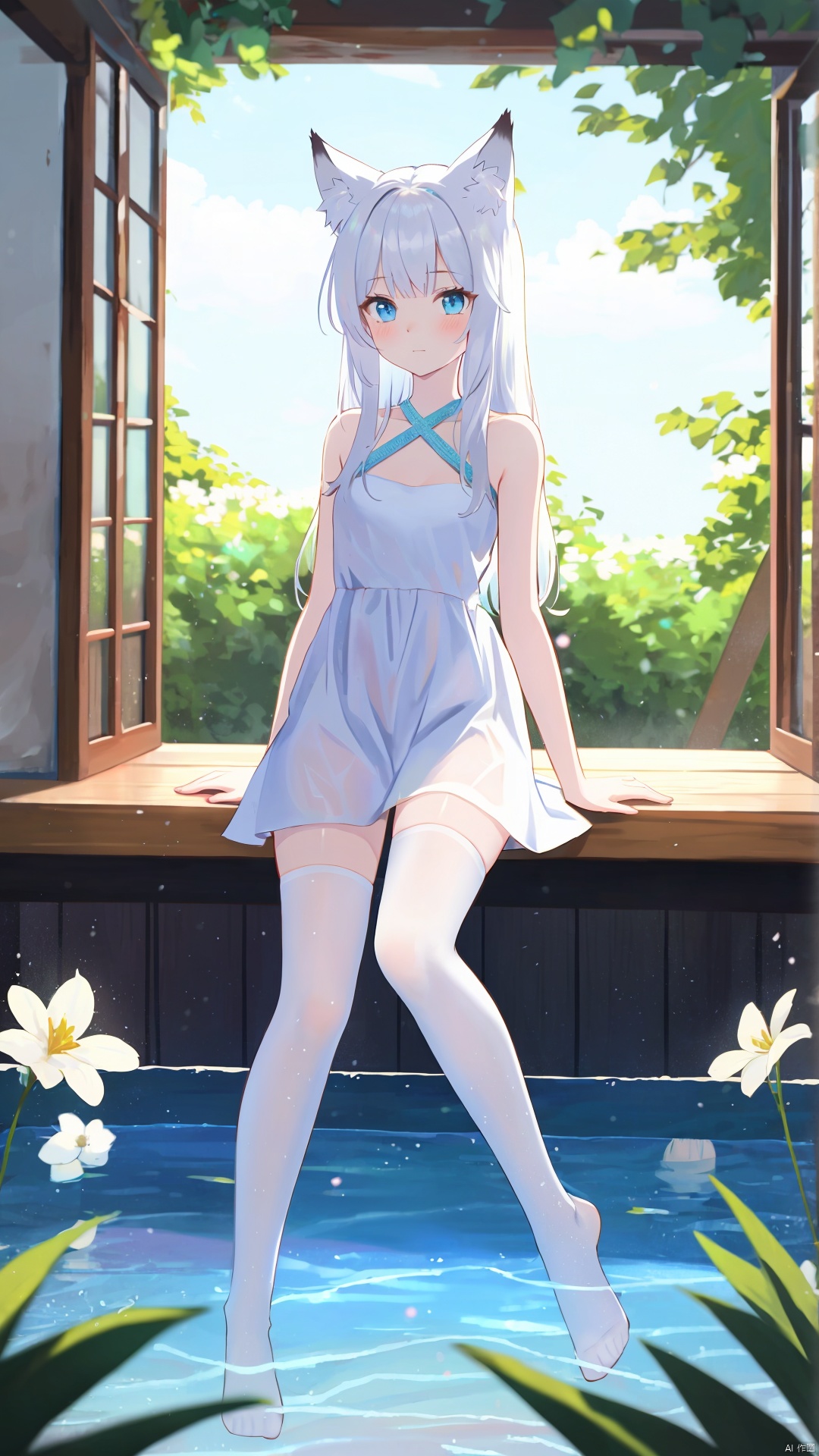 1girl, solo, animal ears, dress, long hair, blue eyes, thighhighs, white dress, white hair, animal ear fluff, white thighhighs, looking at viewer, flower, sitting, water, bare shoulders, bangs, blush, very long hair, closed mouth, halterneck, criss-cross halter, sleeveless, breasts, sleeveless dress, feet out of frame, white flower, small breasts, fox ears