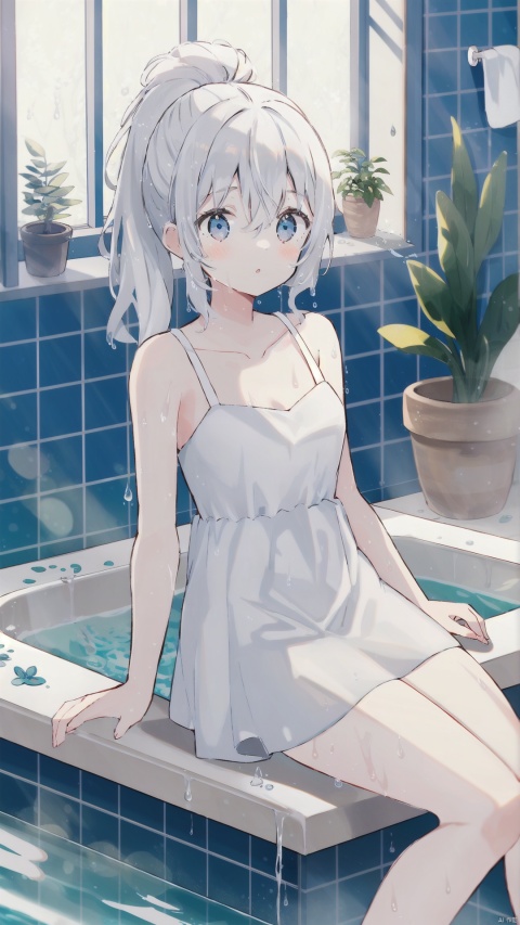 1girl, solo, long hair, looking at viewer, blush, bangs, blue eyes, dress, hair between eyes, bare shoulders, sitting, collarbone, ponytail, white hair, sidelocks, parted lips, sleeveless, indoors, water, white dress, wet, bare arms, window, sleeveless dress, plant, partially submerged, tiles, potted plant, bathing, bath, bathroom, bathtub, tile wall, blinds