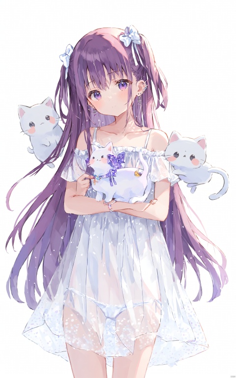  (masterpiece),(best quality)1girl, solo, dress, purple hair, panties, underwear, long hair, white background, looking at viewer, white dress, bare shoulders, bow, see-through, hair bow, piercing, holding animal, simple background, blush, white panties, cat, animal, bangs, ear piercing, white bow, collarbone, hair between eyes, very long hair, purple eyes, jewelry, closed mouth, holding, two side up