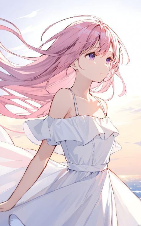  masterpiece, best quality,1girl, solo, long hair, dress, bare shoulders, purple eyes, collarbone, upper body, pink hair, parted lips, off shoulder, white dress, floating hair, looking away, wind