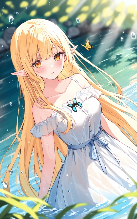1girl, solo, pointy ears, elf, long hair, dutch angle, dress, wet, white dress, butterfly, looking at viewer, bug, bangs, wet clothes, breasts, collarbone, very long hair, blonde hair, outdoors, water drop, parted lips, jewelry, bare shoulders, blurry, blush