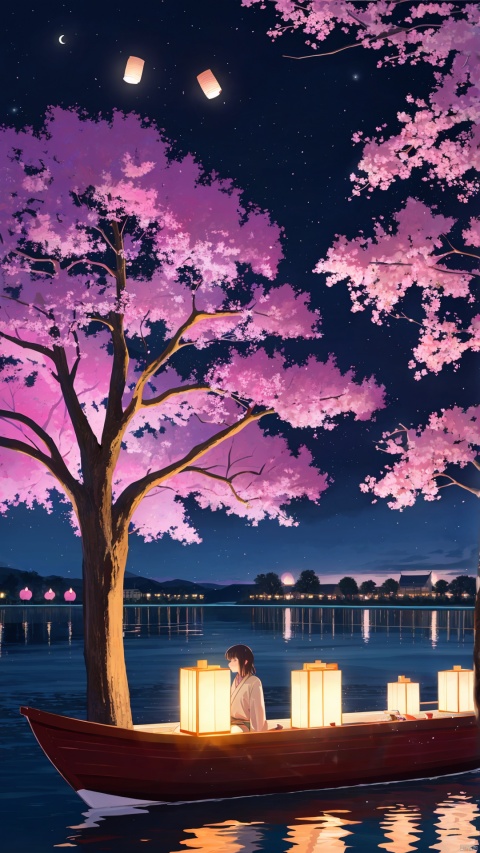 boat, 1girl, moon, lantern, watercraft, night, crescent moon, tree, sitting, water, solo, sky, cherry blossoms, reflection, scenery, outdoors, japanese clothes, night sky, paper lantern