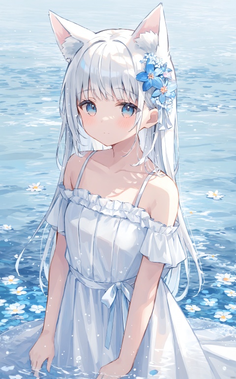 (masterpiece),(best quality)1girl, hair flower, solo, flower, animal ears, hair ornament, blue eyes, water, long hair, looking at viewer, white hair, blush, upper body, bangs, closed mouth, dress, collarbone, bare shoulders, white dress