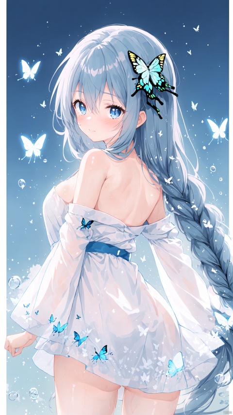1girl, solo, long hair, breasts, looking at viewer, blush, bangs, blue eyes, hair ornament, long sleeves, dress, hair between eyes, bare shoulders, very long hair, closed mouth, blue hair, detached sleeves, looking back, wide sleeves, from behind, white dress, shiny hair, bug, butterfly, bubble, butterfly hair ornament, blue butterfly