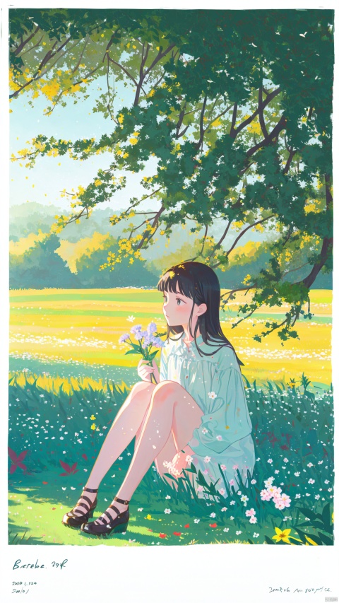 1girl, solo, flower, leaf, plant, knees up, sitting, black hair, long hair, holding flower, bangs, dated