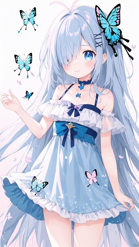  1girl, solo, long hair, blue eyes, hair ornament, dress, ribbon, blue hair, pink hair, multicolored hair, hair over one eye, gradient hair, blue dress, antenna hair, bug, butterfly, blue butterfly