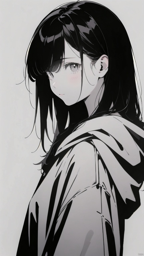 1girl, solo, blush, looking at viewer, monochrome, closed mouth, long hair, from side, simple background, spot color, hood, upper body, looking to the side