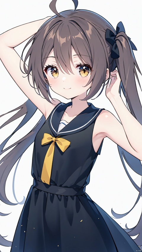  1girl, solo, long hair, looking at viewer, blush, smile, bangs, simple background, brown hair, white background, dress, bow, hair between eyes, bare shoulders, twintails, brown eyes, very long hair, closed mouth, ahoge, sleeveless, arm up, bare arms, v, sleeveless dress, yellow dress