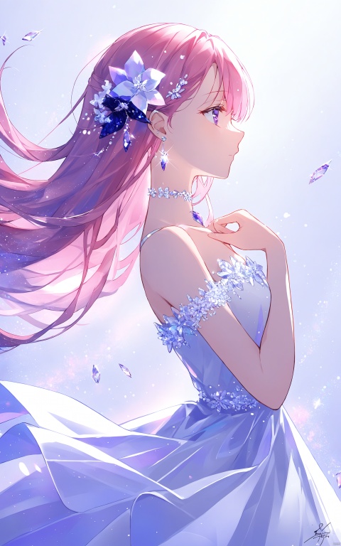 1girl, solo, hair ornament, long hair, dress, earrings, flower, purple eyes, jewelry, hair flower, signature, from side, profile, pink hair, choker, hands on own chest, white dress, crystal, light particles, bare shoulders, bangs, upper body