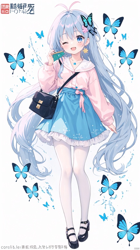  1girl, solo, long hair, smile, blue eyes, simple background, hair ornament, long sleeves, white background, holding, jewelry, blue hair, full body, pink hair, pantyhose, multicolored hair, earrings, one eye closed, bag, chibi, watermark, antenna hair, hand fan, handbag, shoulder bag, butterfly hair ornament, holding fan, weibo logo