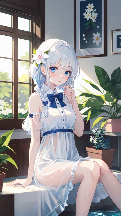1girl, flower, hair ornament, solo, hair flower, plant, dress, long hair, blue eyes, sitting, looking at viewer, white dress, bangs, water, white hair, blush, braid, hand up, very long hair, bow, see-through, white flower, potted plant, bare shoulders, indoors, bowtie, blue bow, frills