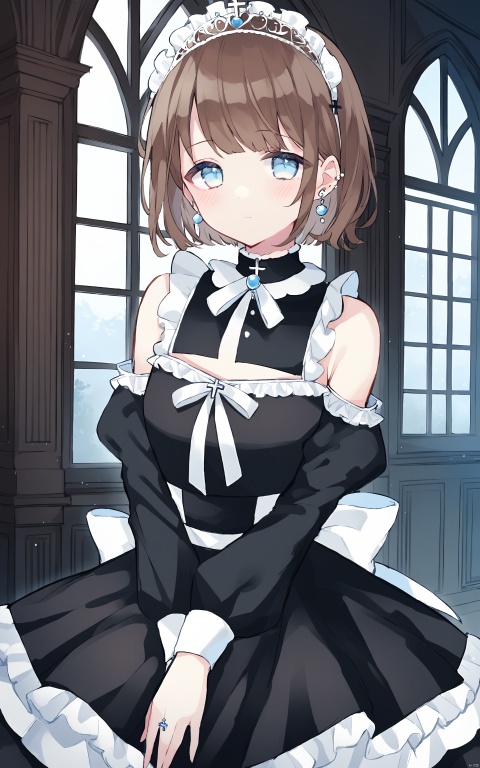 1girl, dress, solo, brown hair, black dress, detached sleeves, blue eyes, looking at viewer, earrings, jewelry, long sleeves, closed mouth, puffy sleeves, blush, bangs, window, short hair, own hands together, tiara, indoors, bare shoulders, cross, maid headdress