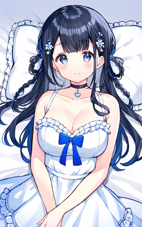 1girl, breasts, long hair, solo, black hair, smile, blue eyes, dress, cleavage, choker, looking at viewer, white dress, sleeveless dress, blush, braid, sleeveless, closed mouth, bangs, frills, collarbone, blue bow, lying, pillow, bare shoulders, bow, black choker, bare arms, large breasts, very long hair, frilled dress, hair rings