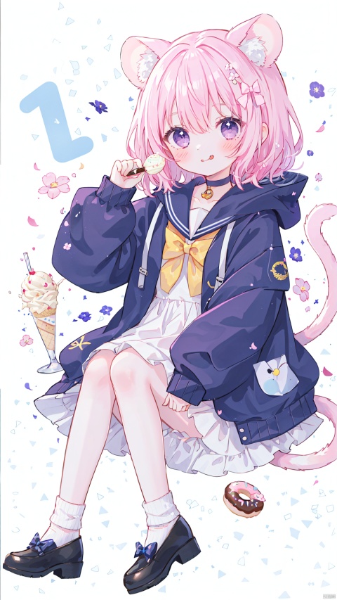  1girl, animal ears, doughnut, food, tongue out, socks, jacket, open jacket, open clothes, sleeves past wrists, solo, tongue, long hair, animal ear fluff, closed mouth, bow, long sleeves, white socks, very long hair, tail, shoes, black footwear, ice cream cone, dress, blush, ice cream, bangs, cat ears, blue sailor collar, flower, sailor collar, puffy long sleeves, puffy sleeves, pink flower, knees up, smile, hooded jacket, purple eyes, cup, cat tail, blue choker, hair bow, sailor dress, white background, mouse \(computer\), cat girl, blue bow, hand up