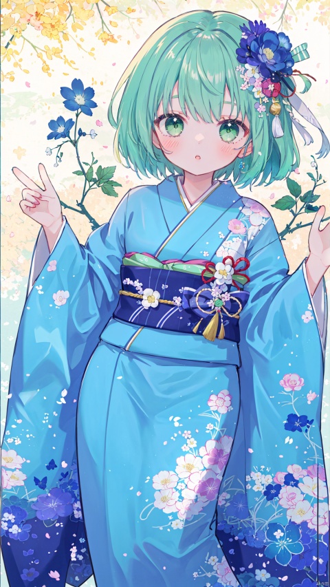  1girl, solo, egasumi, kimono, hair ornament, japanese clothes, green hair, blush, flower, green eyes, hair flower, obi, long sleeves, looking at viewer, sash, bangs, blue kimono, long hair, parted lips, wide sleeves