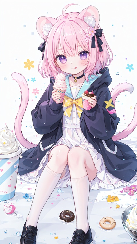  1girl, animal ears, doughnut, food, tongue out, socks, jacket, open jacket, open clothes, sleeves past wrists, solo, tongue, long hair, animal ear fluff, closed mouth, bow, long sleeves, white socks, very long hair, tail, shoes, black footwear, ice cream cone, dress, blush, ice cream, bangs, cat ears, blue sailor collar, flower, sailor collar, puffy long sleeves, puffy sleeves, pink flower, knees up, smile, hooded jacket, purple eyes, cup, cat tail, blue choker, hair bow, sailor dress, white background, mouse \(computer\), cat girl, blue bow, hand up