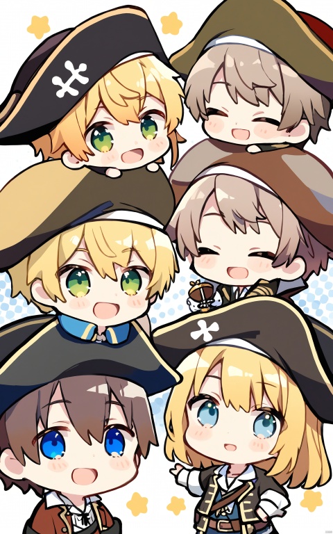  masterpiece, best quality,smile, open mouth, blue eyes, blonde hair, brown hair, hat, holding, green eyes, closed eyes, multiple boys, 2boys, chibi, > <, pirate hat