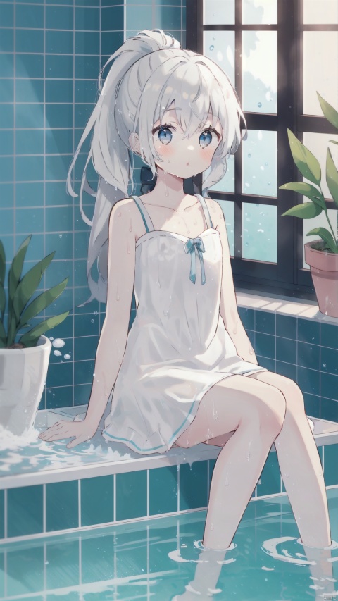 1girl, solo, long hair, looking at viewer, blush, bangs, blue eyes, dress, hair between eyes, bare shoulders, sitting, collarbone, ponytail, white hair, sidelocks, parted lips, sleeveless, indoors, water, white dress, wet, bare arms, window, sleeveless dress, plant, partially submerged, tiles, potted plant, bathing, bath, bathroom, bathtub, tile wall, blinds