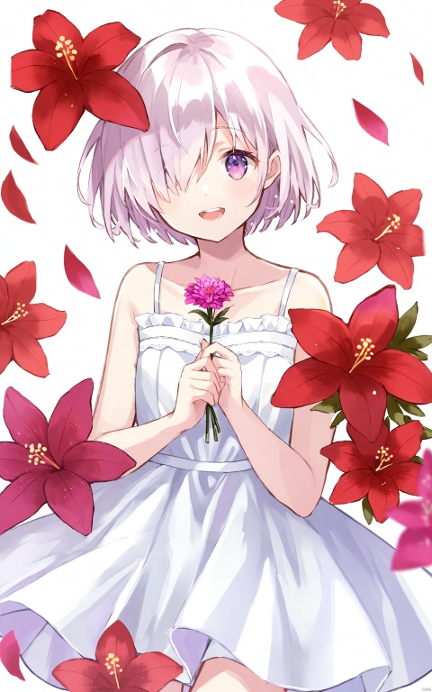  1girl, dress, hair over one eye, white dress, mash kyrielight, purple eyes, flower, open mouth, smile, looking at viewer, short hair, holding, red flower, teeth, bare shoulders, solo, bangs