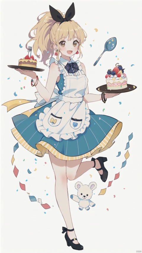  1girl, solo, long hair, blush, smile, open mouth, skirt, blonde hair, simple background, shirt, hair ornament, white background, bow, ribbon, holding, brown eyes, jewelry, standing, full body, hair ribbon, yellow eyes, white shirt, ponytail, flower, :d, hair bow, earrings, frills, food, shoes, sleeveless, bowtie, apron, high heels, bracelet, blue skirt, sleeveless shirt, fruit, blue bow, stuffed toy, leg up, white footwear, standing on one leg, stuffed animal, frilled skirt, cake, teddy bear, rabbit, spoon, fork, stuffed bunny, confetti, string of flags, pennant