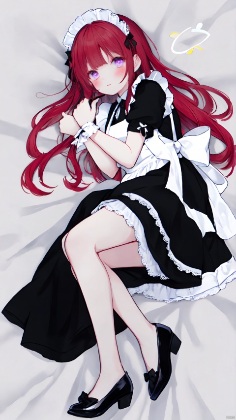 1girl, solo, forehead, long hair, apron, alternate costume, dress, red hair, purple eyes, maid, looking at viewer, halo, shoes removed, maid headdress, short sleeves, blush, barefoot, lying, shoes, frills, black dress, enmaided, on side, maid apron, high heels, frilled apron, bow, puffy sleeves, hair bow, white apron, puffy short sleeves, very long hair, bangs, black footwear