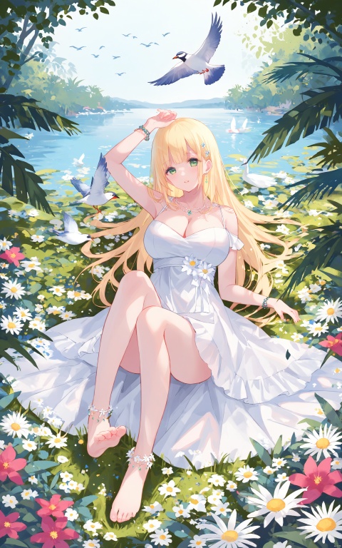  1girl, barefoot, breasts, green eyes, blonde hair, feet, flower, toes, large breasts, white dress, bird, dress, long hair, jewelry, on back, bangs, looking at viewer, solo, lying, legs, arm up, anklet, outdoors, cleavage, soles, parted lips, bare shoulders